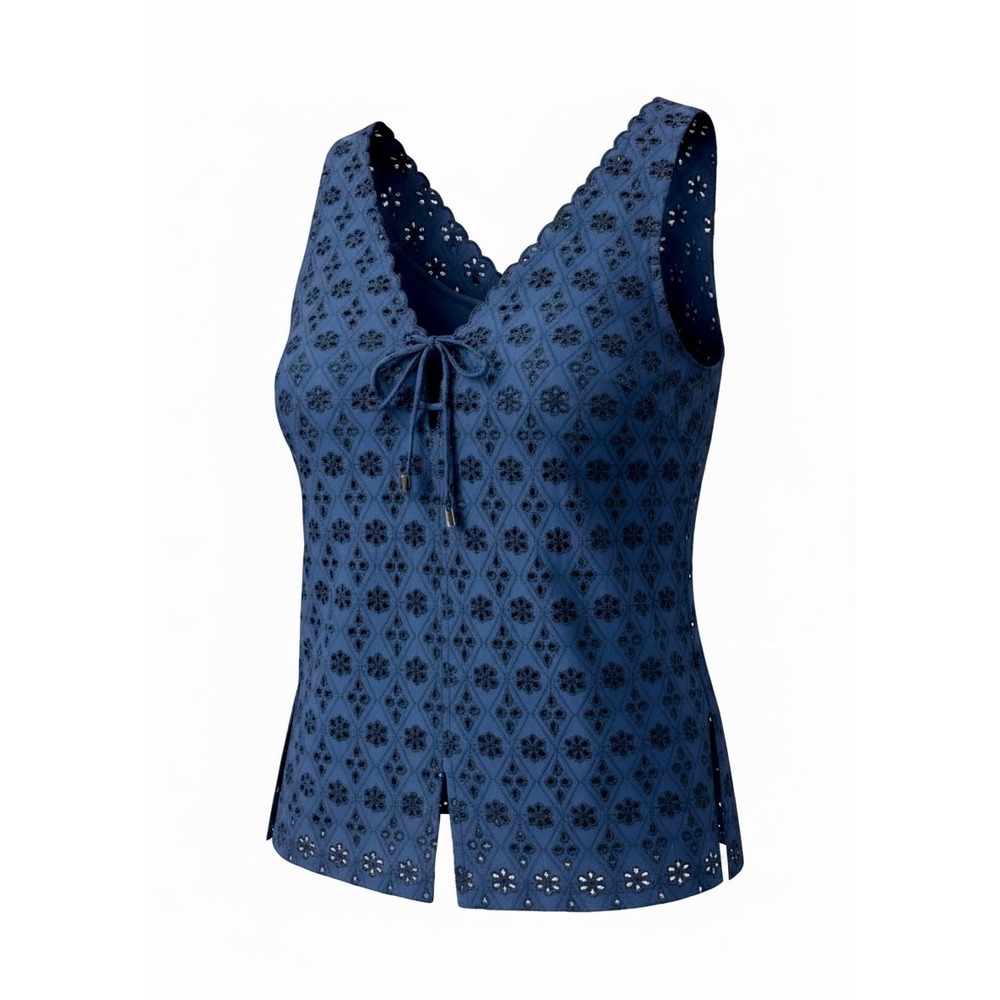 Kyra Floral Eyelet Embroidery Top Women M Navy Blue Boho Cottagecore Festival